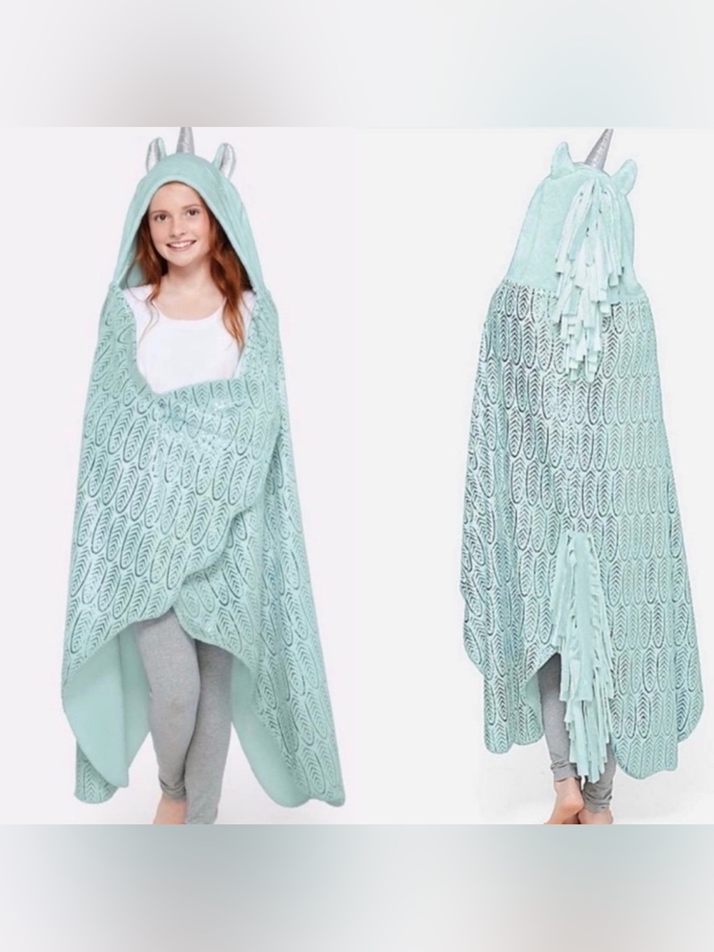 Justice unicorn wearable blanket aqua teal hooded with fringes and tail girl OS